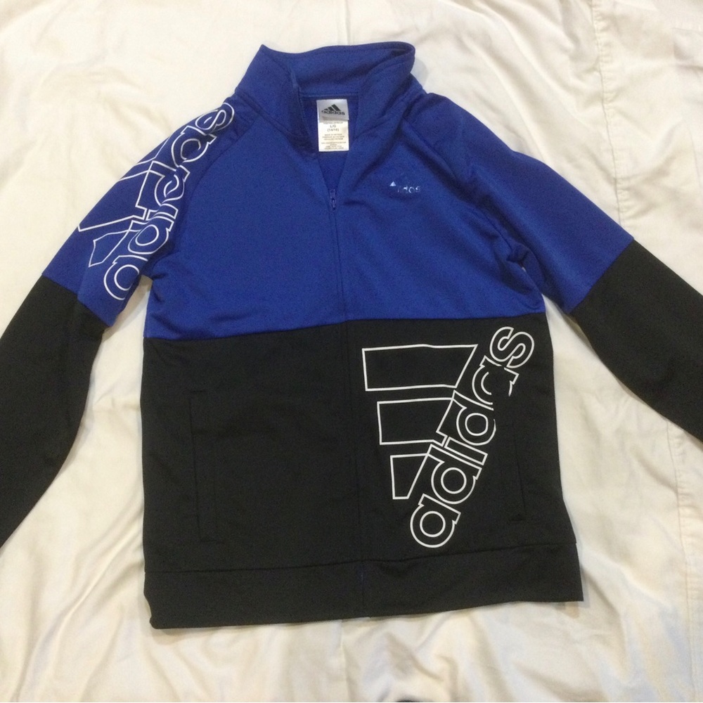 Boys Adidas Active Tricot Warm-up Zip Jacket Spring Fall Large 14 Blue Black New